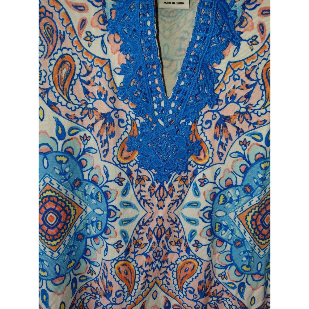 Ruby Rd Womens Blue Paisley Mandala Crochet Split Neck Bell Sleeve Top 42004 LV - Picture 2 of 5